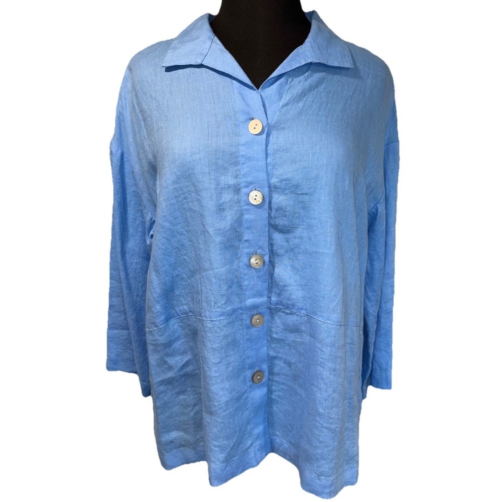 NEW LIV by Habitat Linen Button-Up Shirt Blue Collared Slit‎ Size Small